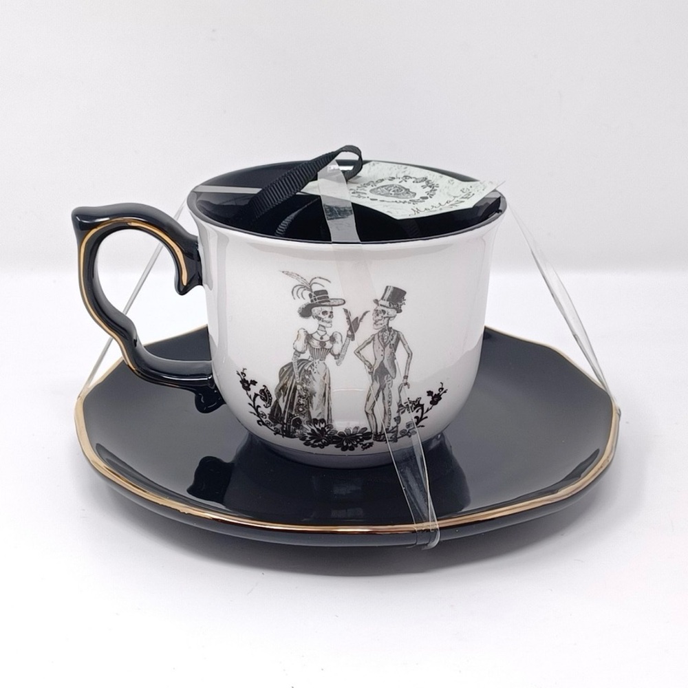Potters Studio Victorian Skelton Tea/Coffee Cups w/ Platters, Set of Two